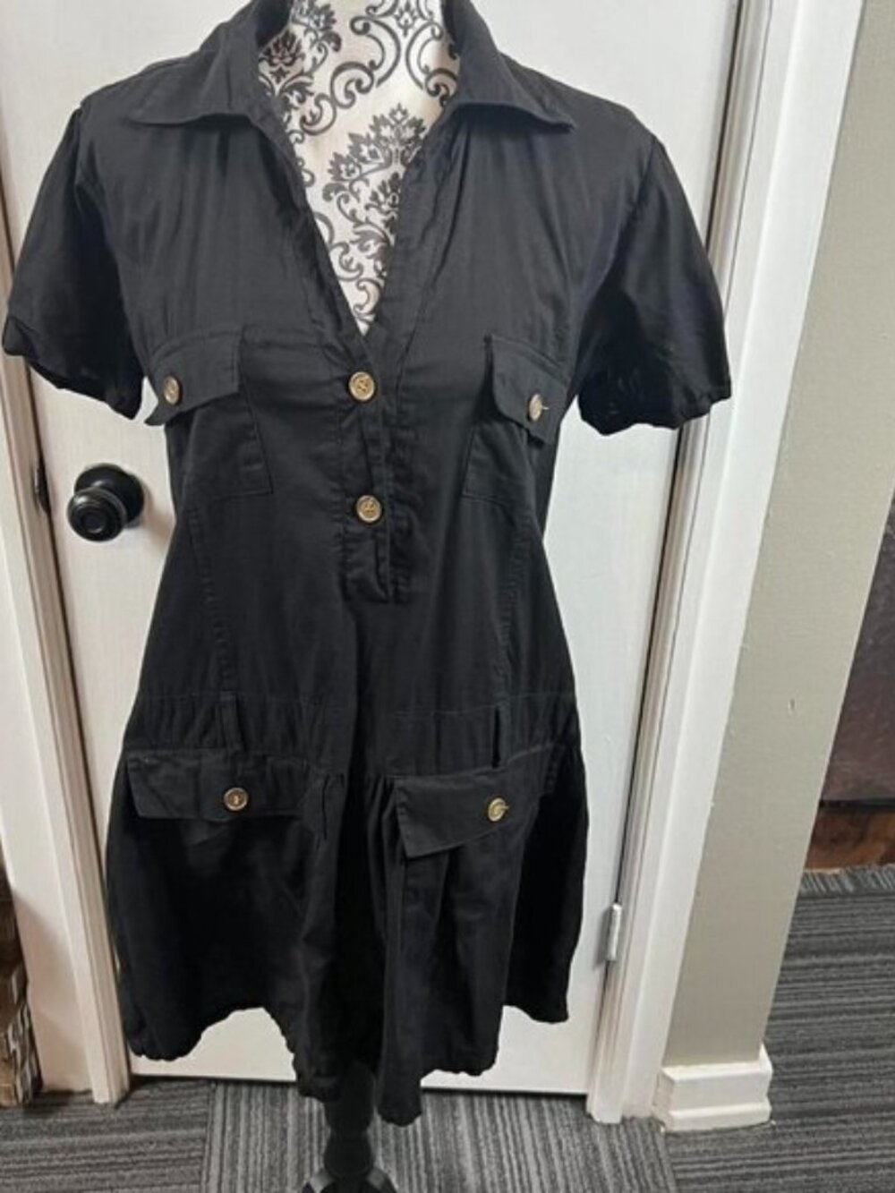 Cherry Krave Y2K black utility button up T-shirt dress. Sz M